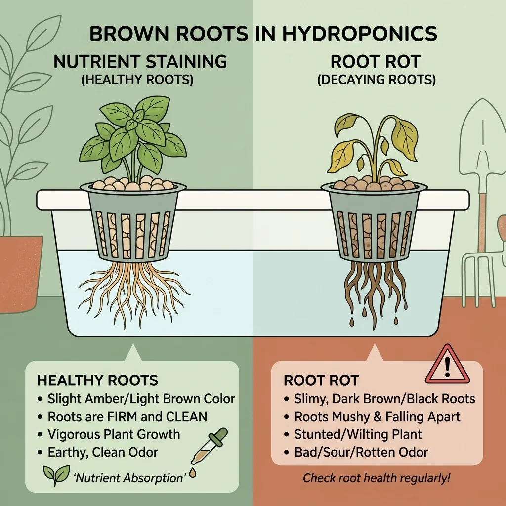 Side-by-side comparison UI showing healthy stained roots vs slimy dark brown root rot with diagnostic checklist.