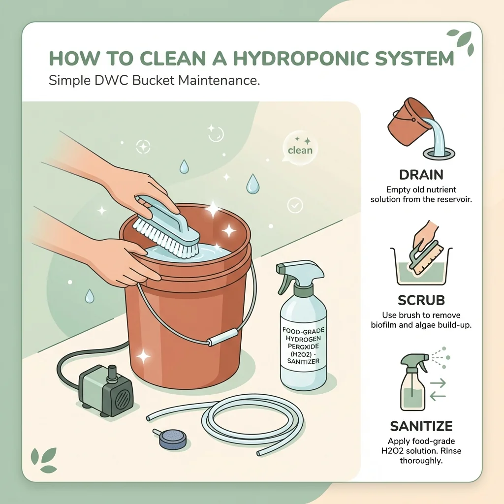 UI illustration showing how to clean a hydroponic system, with steps for draining, scrubbing biofilm, and sanitizing with hydrogen peroxide.
