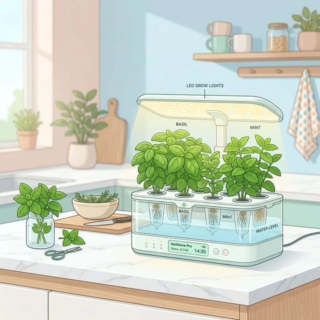 Countertop hydroponic herb system with light, reservoir, and pod spacing
