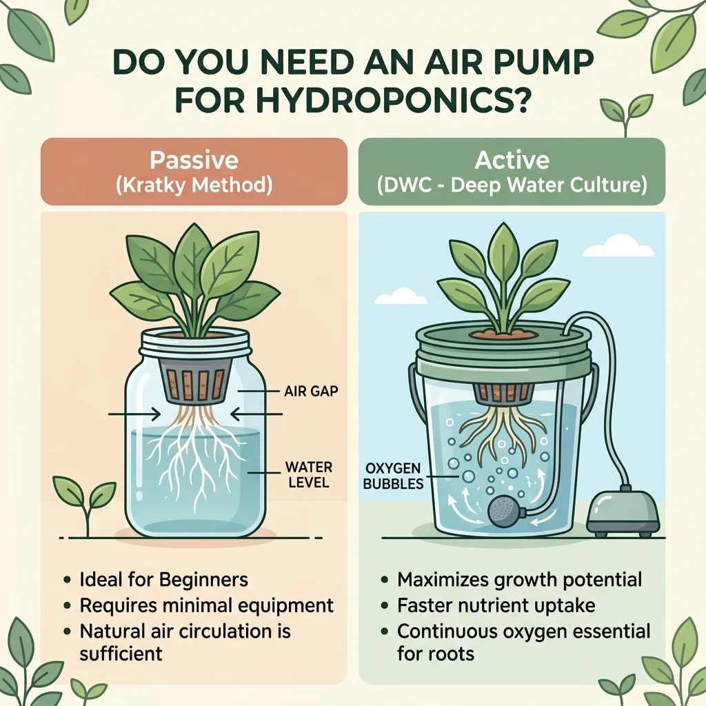 Side-by-side comparison UI showing a passive Kratky setup with a physical air gap versus an active DWC bucket with bubbles from an air pump.