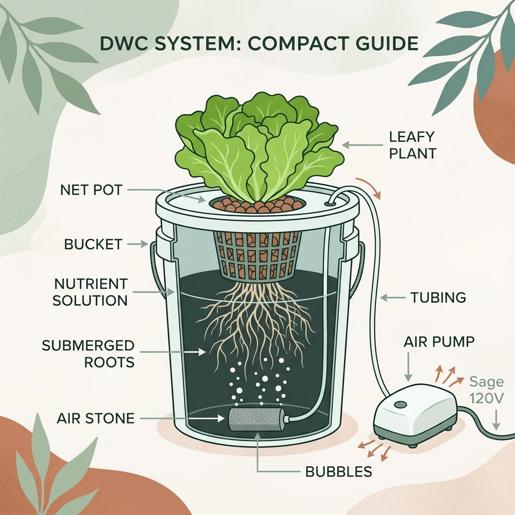 Clean UI illustration of a deep water culture bucket showing net pot, air stone, air pump, and roots in solution