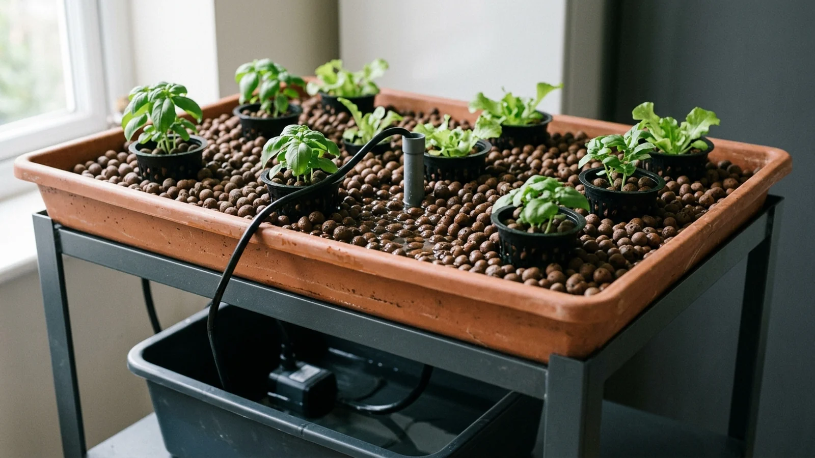 Clean UI illustration of a flood-and-drain grow tray filling from a submerged pump on a timer, with a standpipe draining it back to the reservoir below
