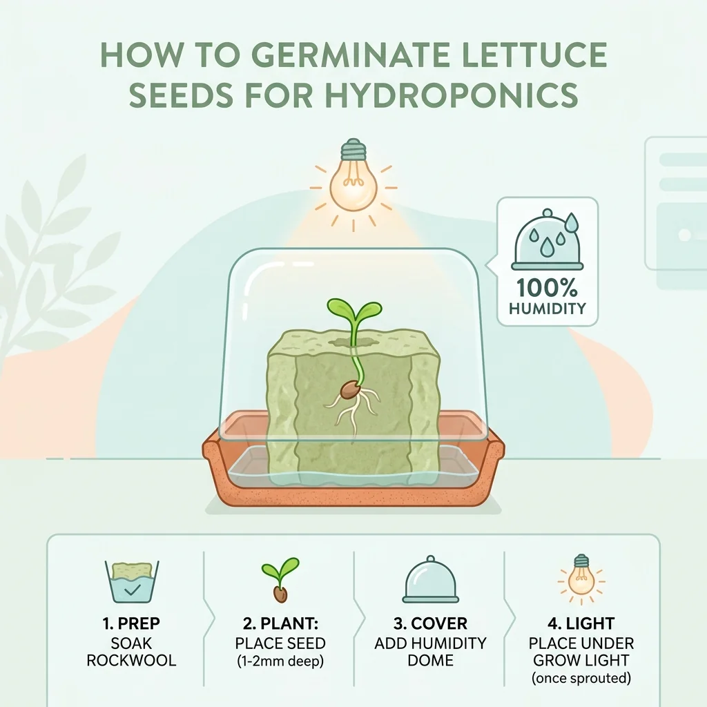 Clean UI illustration showing a cross-section of a Rockwool cube with a tiny lettuce seed sprouting under a humidity dome and a grow light.