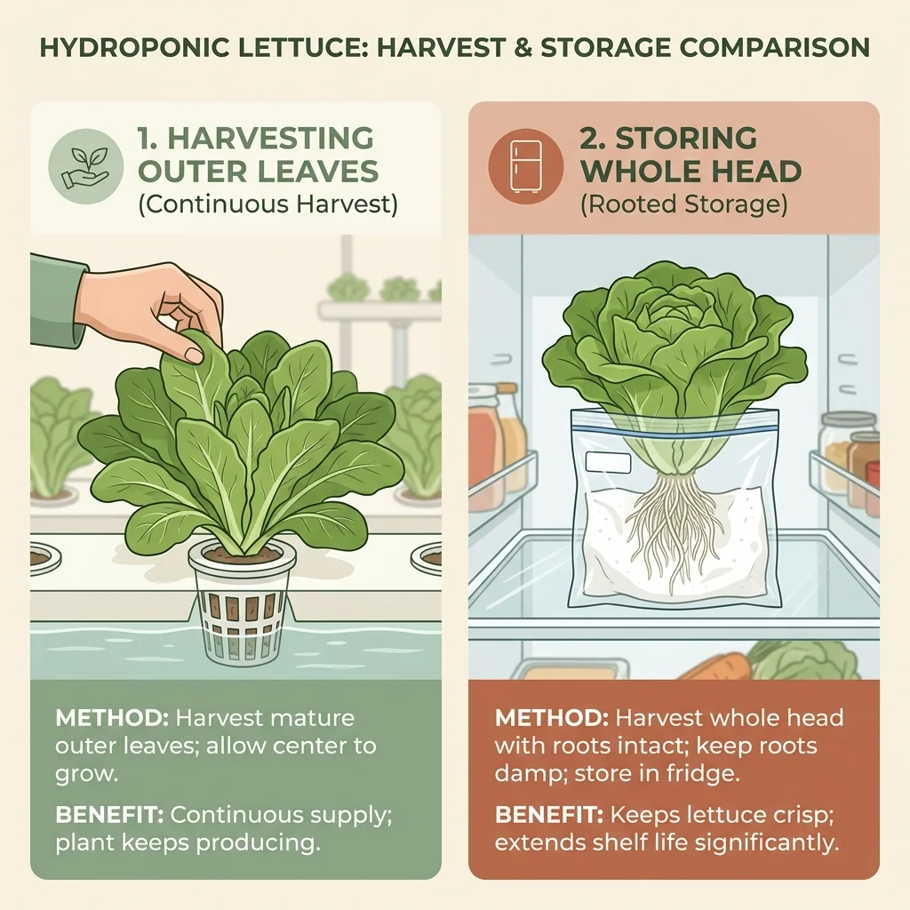 Illustration of harvesting outer leaves from hydroponic lettuce and storing a rooted head in the fridge