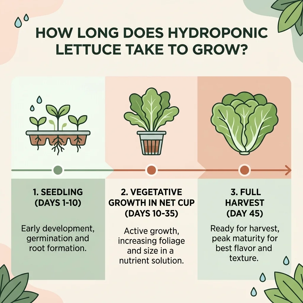 Clean UI illustration showing a timeline of hydroponic lettuce growth - Seedling (Days 1-10), Vegetative Growth (Days 10-35), Full Harvest (Day 45).