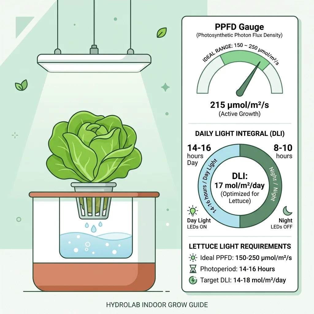 Clean UI diagram showing hydroponic lettuce light metrics, showing an ideal PPFD range of 150-250 umol/m2/s, a photoperiod of 14-16 hours, and target DLI of 14-18 mol/m2/day.