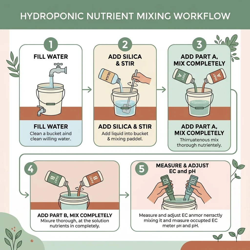 Clean UI illustration showing the step-by-step order of mixing hydroponic nutrients with EC and pH meters