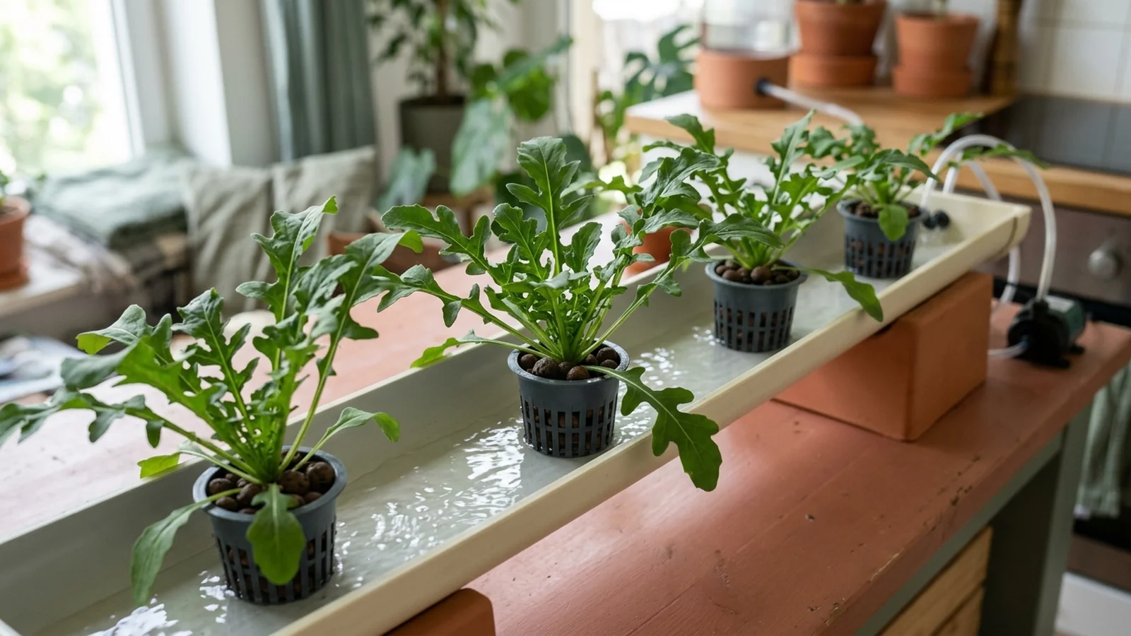 Illustration comparing a hydroponic arugula rosette growing in a net pot with a shallow tray of arugula microgreens