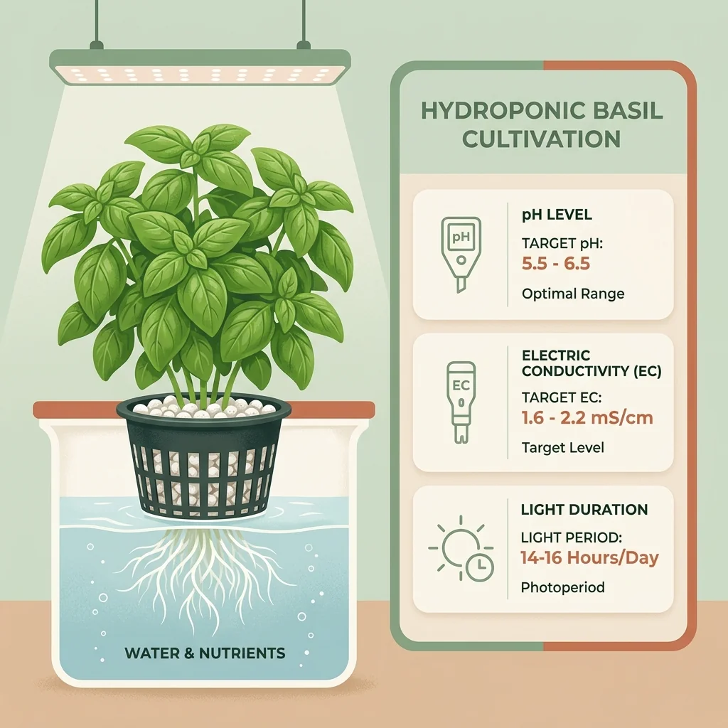 Clean UI illustration of hydroponic basil in net pots beside an EC, pH, and light target chart