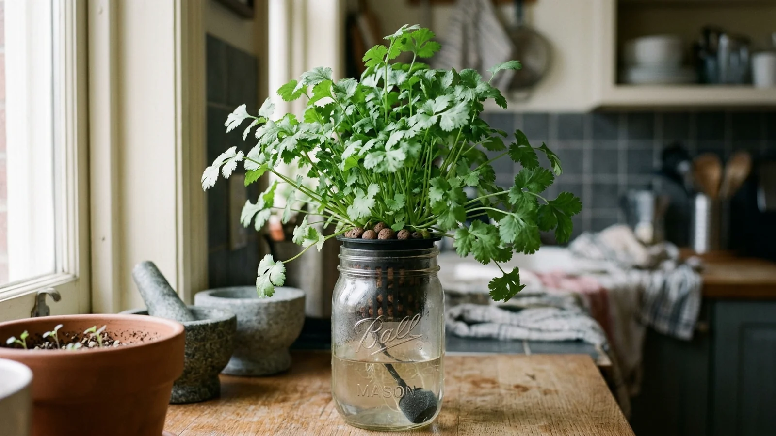 Clean UI illustration of hydroponic cilantro in net pots beside a light schedule and a bolting-risk timeline