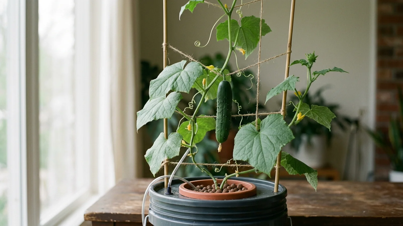 A cucumber vine trained up a floor-to-ceiling trellis beside a compact hydroponic reservoir in an apartment corner