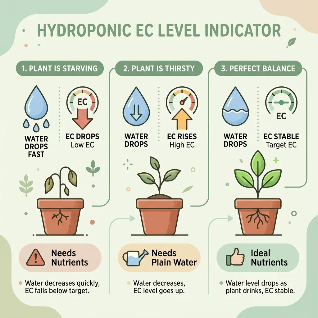 Clean UI illustration showing the three EC scenarios - EC dropping means the plant is starving, EC rising means the plant is thirsty, and EC stable means perfect balance.