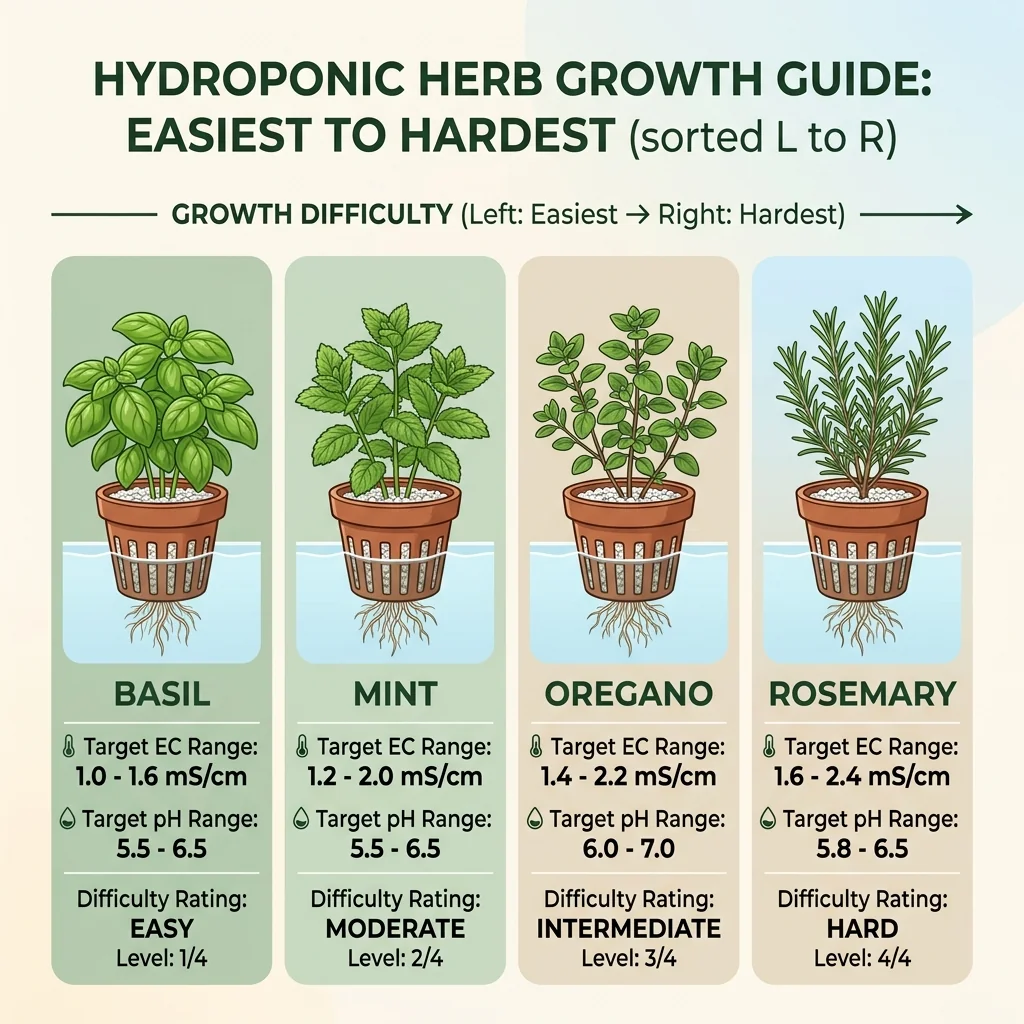 Clean UI illustration showing several hydroponic herbs ranked from easiest to hardest with their EC and pH