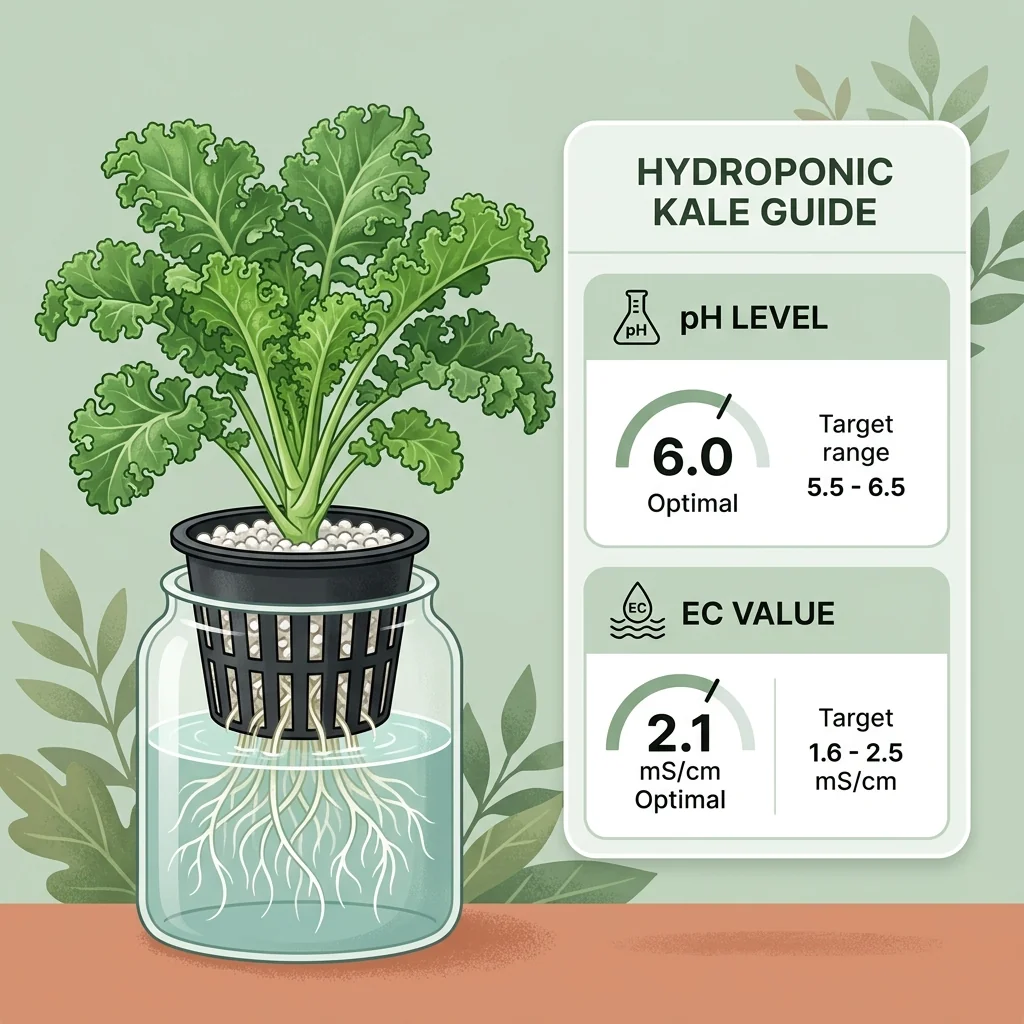 Clean UI illustration of hydroponic kale in net pots beside an EC and pH target chart
