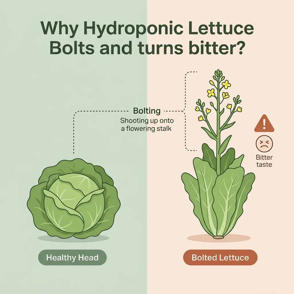 Side-by-side comparison UI showing a perfect healthy compact lettuce head vs a tall, bolted lettuce plant shooting up a seed stalk with yellow flowers.