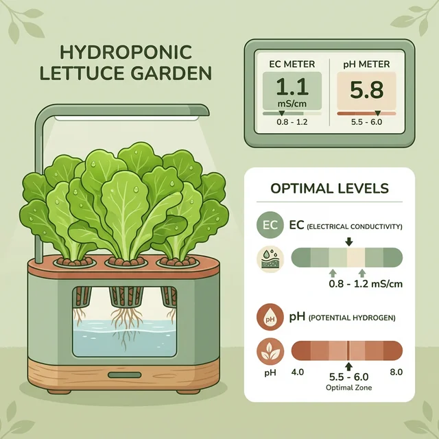 Clean UI illustration showing a hydroponic lettuce setup alongside an elegant EC and pH optimal range chart