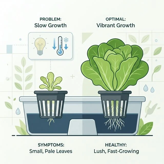 Hydroponic lettuce troubleshooting diagram showing slow growth bottlenecks