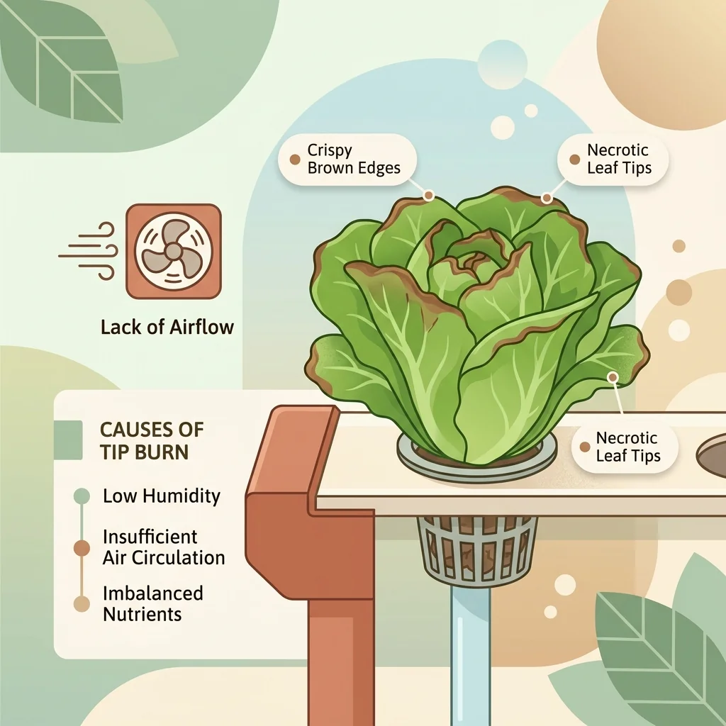 Clean UI illustration showing a head of hydroponic lettuce with brown, necrotic inner leaf margins caused by calcium deficiency and poor airflow