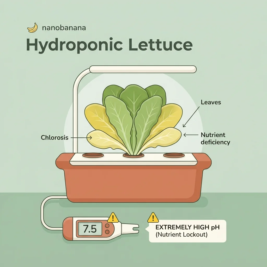 Clean UI illustration showing a hydroponic lettuce plant with severe yellowing on the lower leaves, while a pH meter below shows a massive spike locking out nutrients
