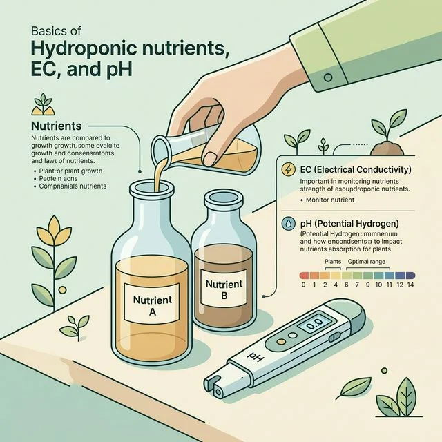 Hydroponic nutrient diagram showing EC, pH, dilution, and reservoir stability