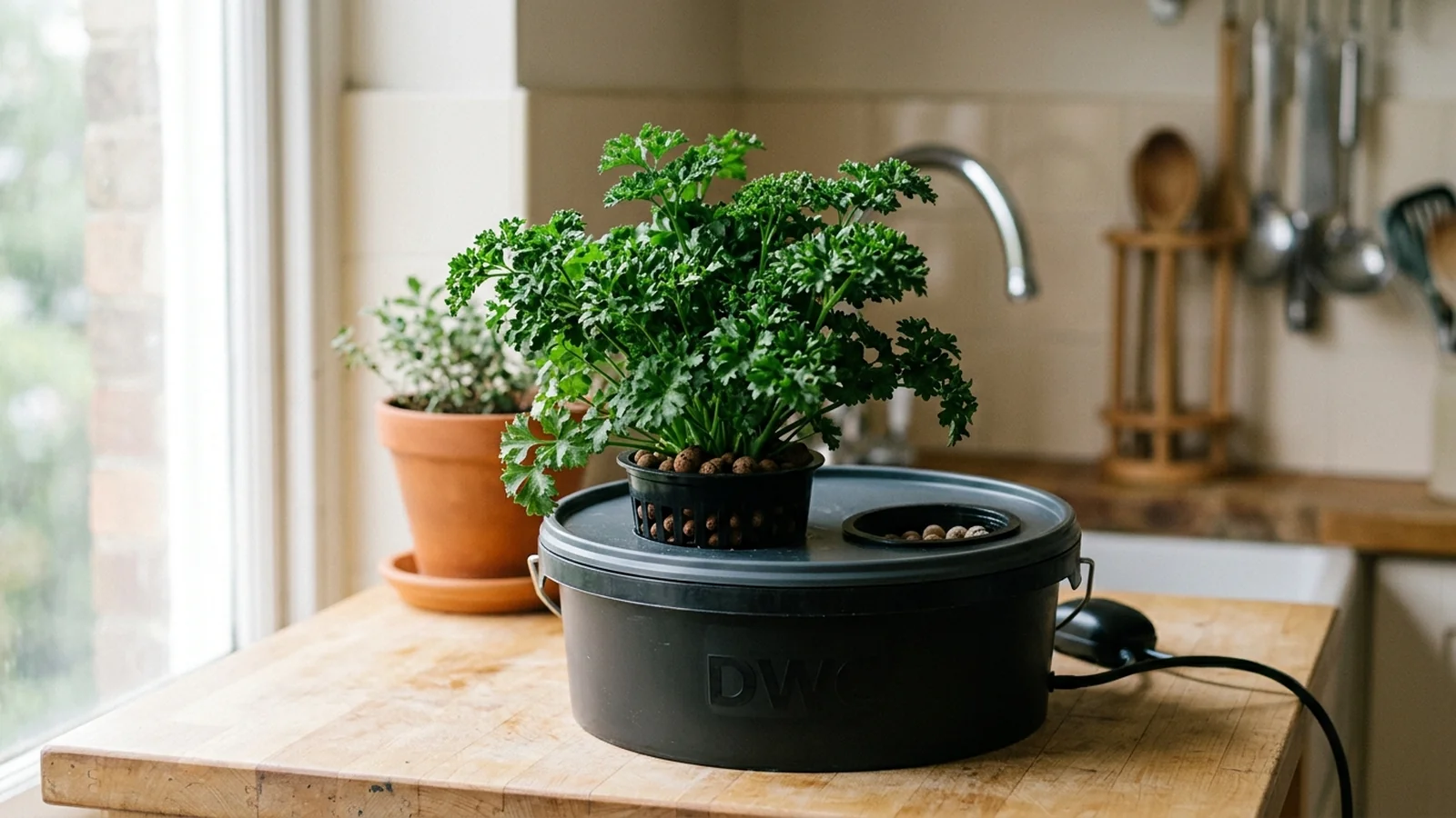 Clean UI illustration comparing a covered parsley germination tray still waiting to sprout against a mature hydroponic parsley plant in a net pot