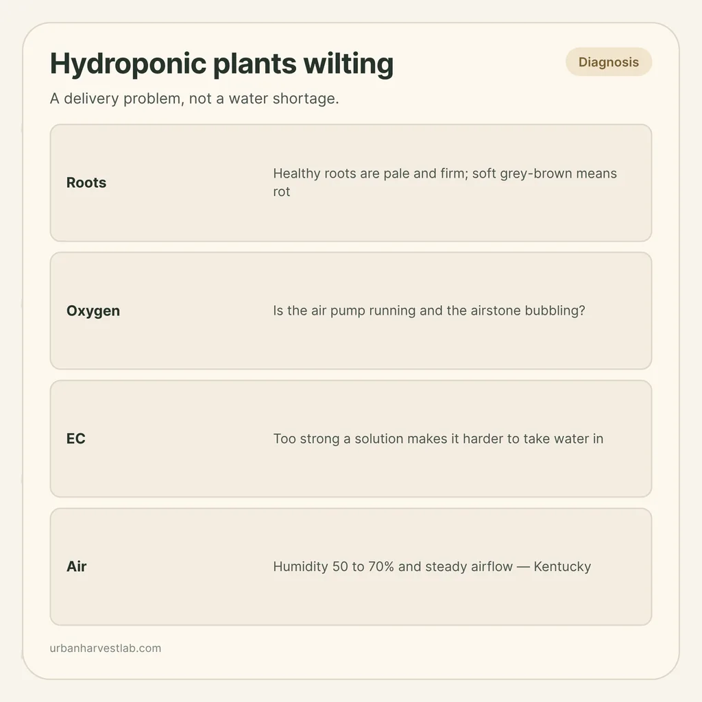 Infographic card: "Hydroponic plants wilting" with rows for roots, oxygen, EC and air