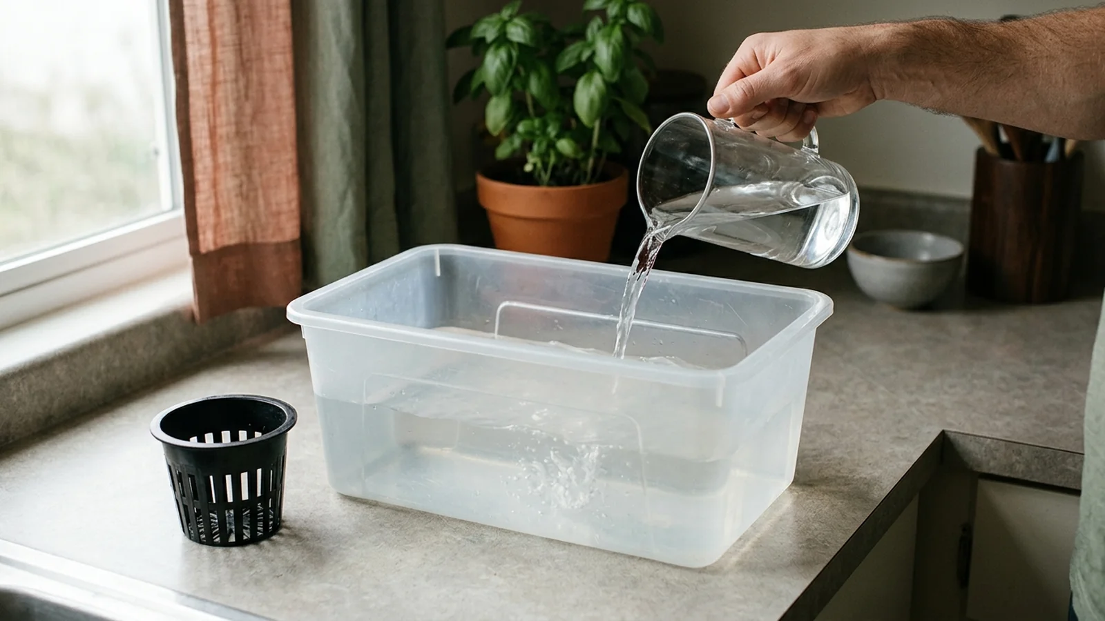 A DWC bucket reservoir and an NFT channel reservoir shown side by side with fill lines marked