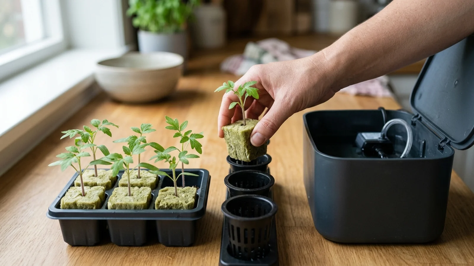A printable checklist card next to a tray of hydroponic seedlings and an empty net cup system waiting to receive them