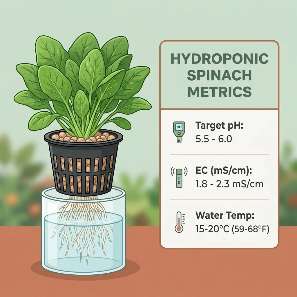Clean UI illustration of hydroponic spinach in net pots beside an EC, pH, and temperature chart