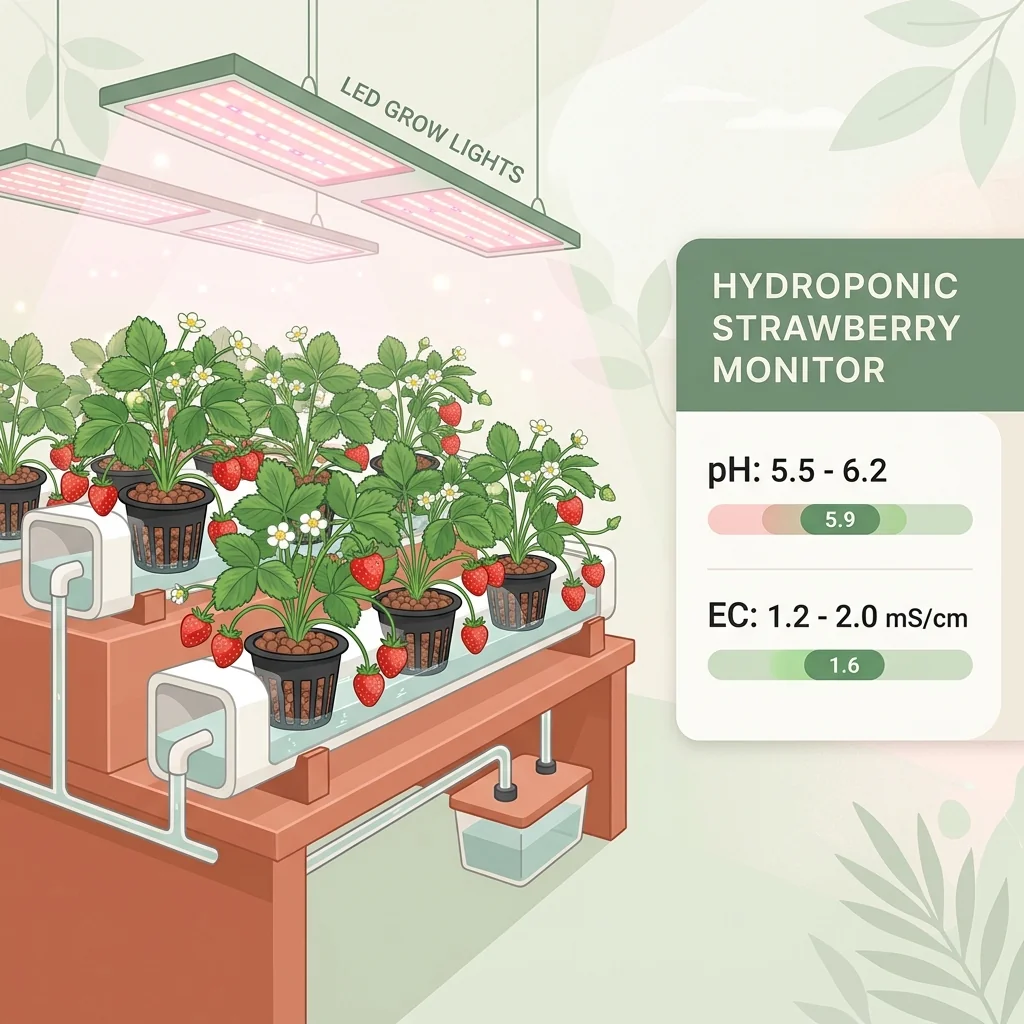 Clean UI illustration of hydroponic strawberries fruiting indoors under a grow light with an EC and pH chart