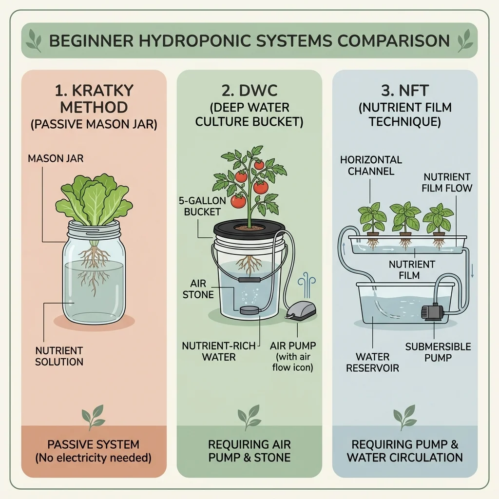 Clean UI illustration comparing Kratky jar, DWC bucket, and NFT channel side by side