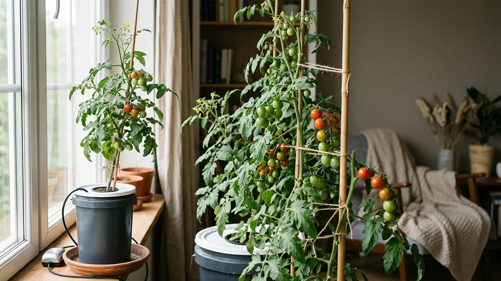 A hydroponic tomato plant trellised under a grow light with a ripening cluster of fruit