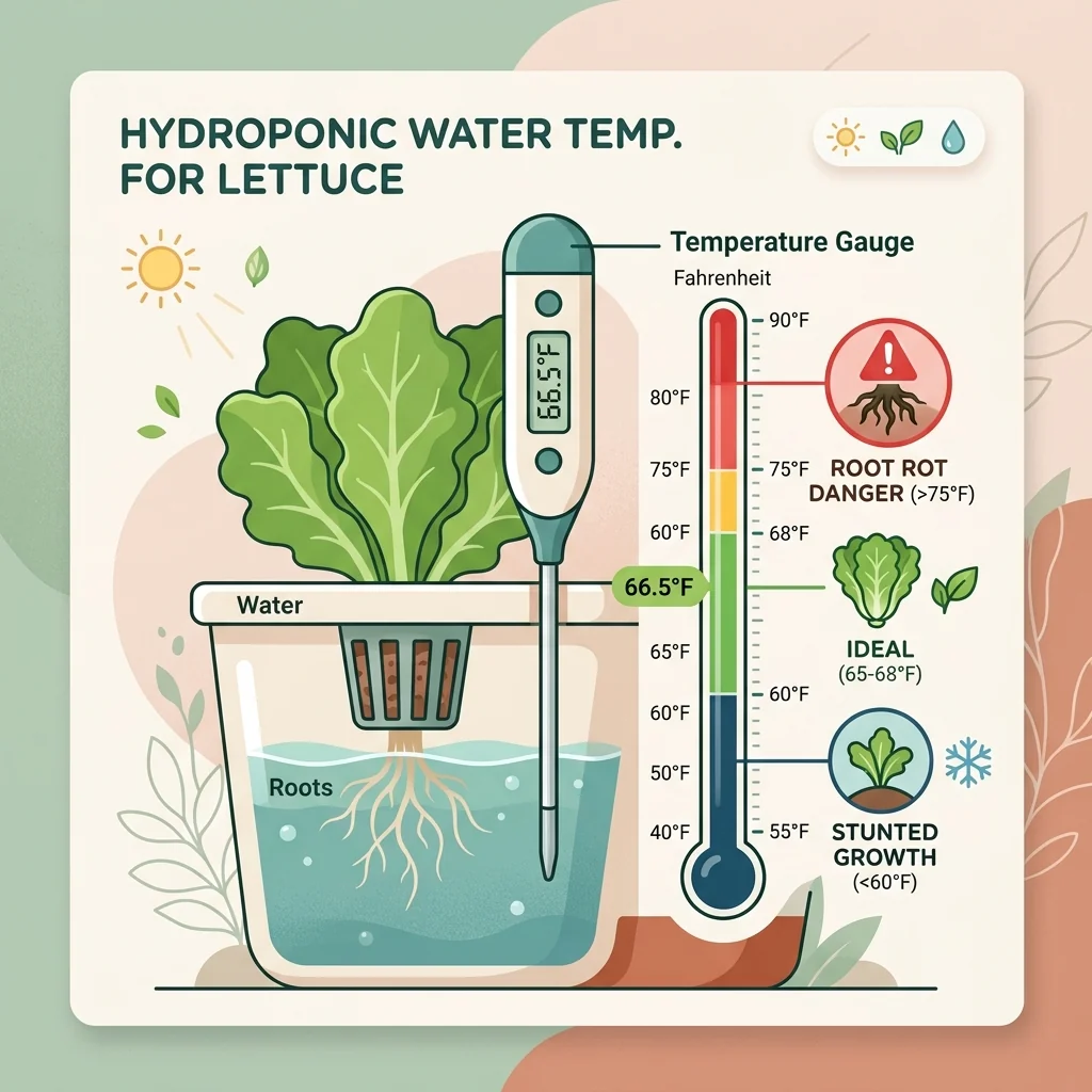 Clean UI illustration showing a thermometer in a hydroponic reservoir, highlighting the ideal 65-68F zone, a red danger zone above 75F causing root rot, and a cold zone below 60F causing stunted growth.