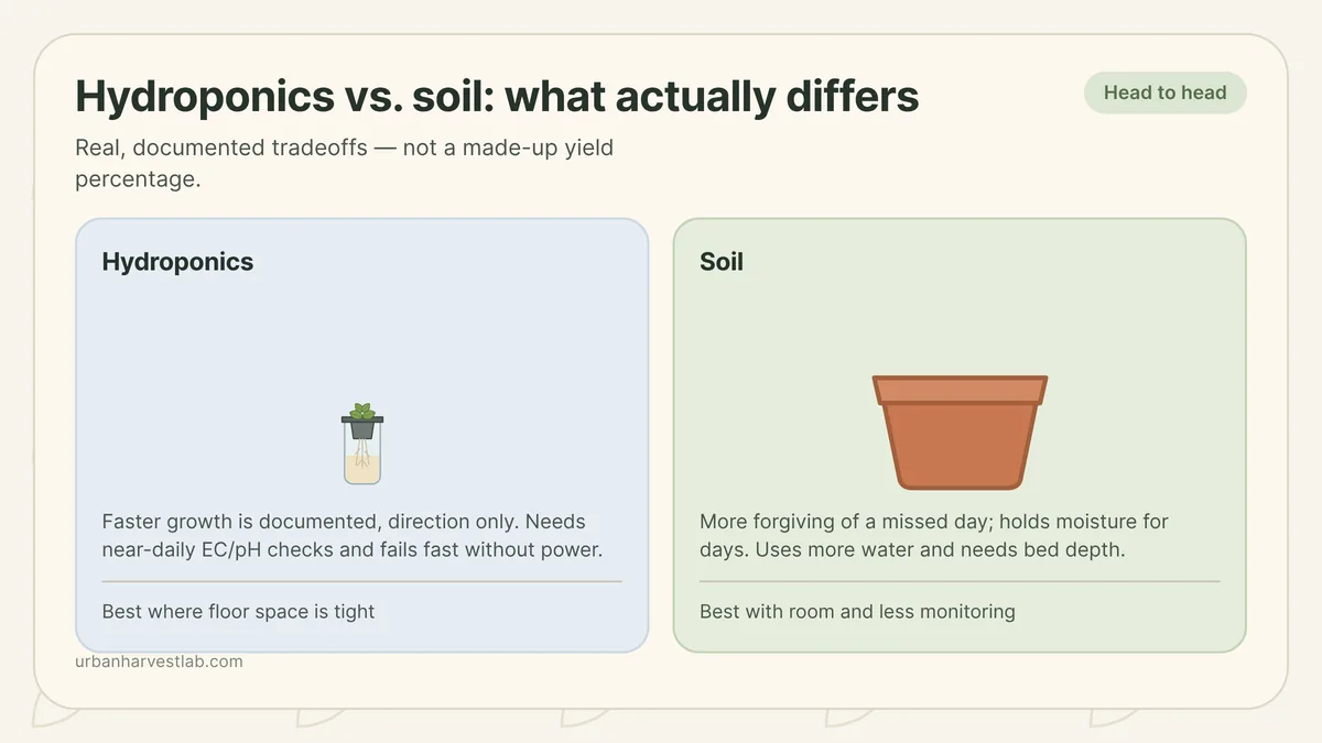 Side-by-side editorial diagram comparing a hydroponic reservoir setup against a soil container garden