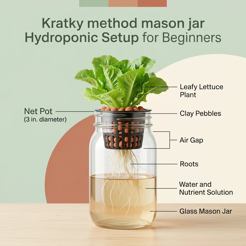 Clean UI illustration of a Kratky jar showing the net pot, growing air gap, and nutrient solution below