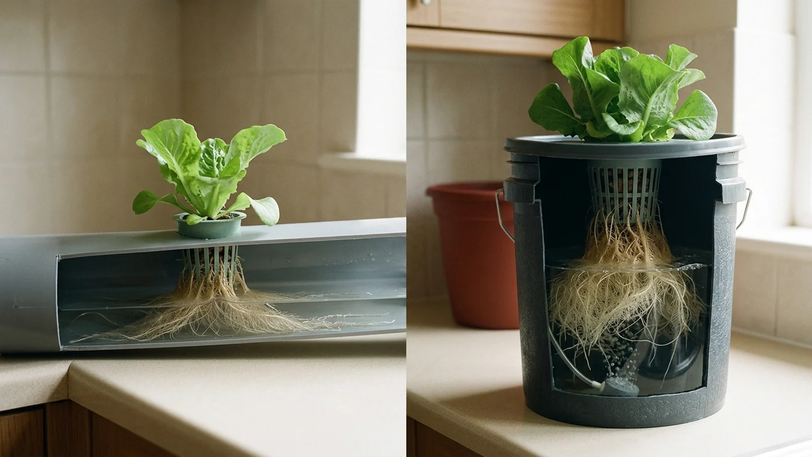 Clean UI illustration comparing an NFT channel's thin flowing film against a DWC bucket's submerged, air-stone-oxygenated roots
