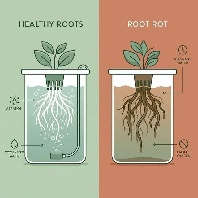 Clean UI illustration comparing healthy, bright white hydroponic roots in oxygenated water against brown, slimy roots suffering from root rot