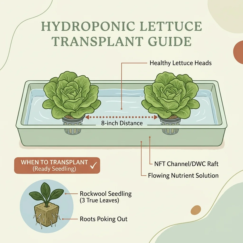 Clean UI illustration showing an 8-inch spacing distance between two hydroponic lettuce heads, with a small inset showing a seedling with 3 true leaves ready for transplant.