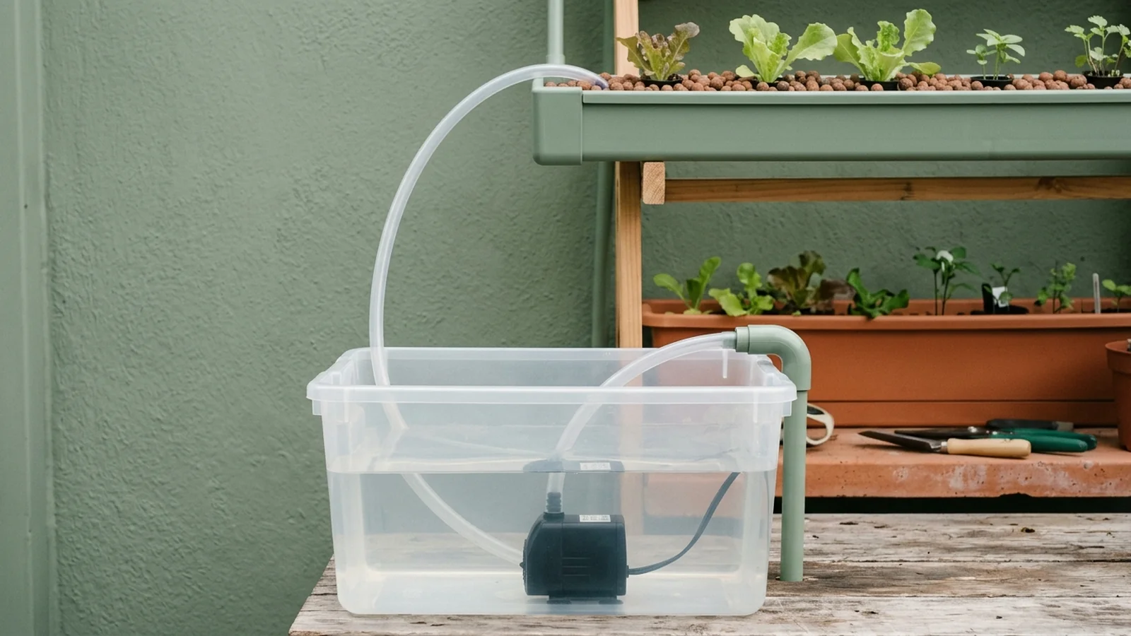 A small submersible pump in an open reservoir with flexible tubing rising through an elbow to a growing channel mounted well above it
