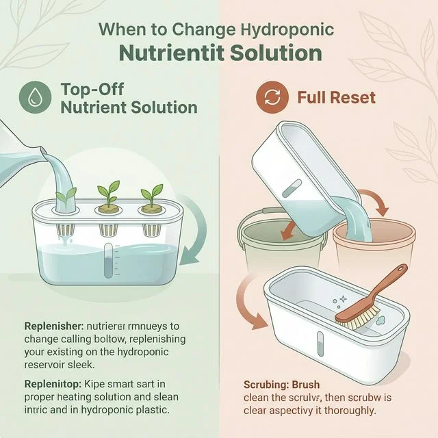 Clean UI illustration demonstrating the difference between topping off a half-empty hydroponic reservoir and doing a complete dump and reset