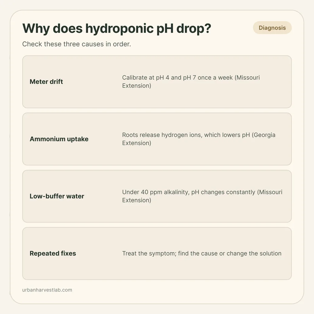 Infographic card: "Why does hydroponic pH drop?" with rows for meter drift, ammonium uptake, low-buffer water and repeated fixes