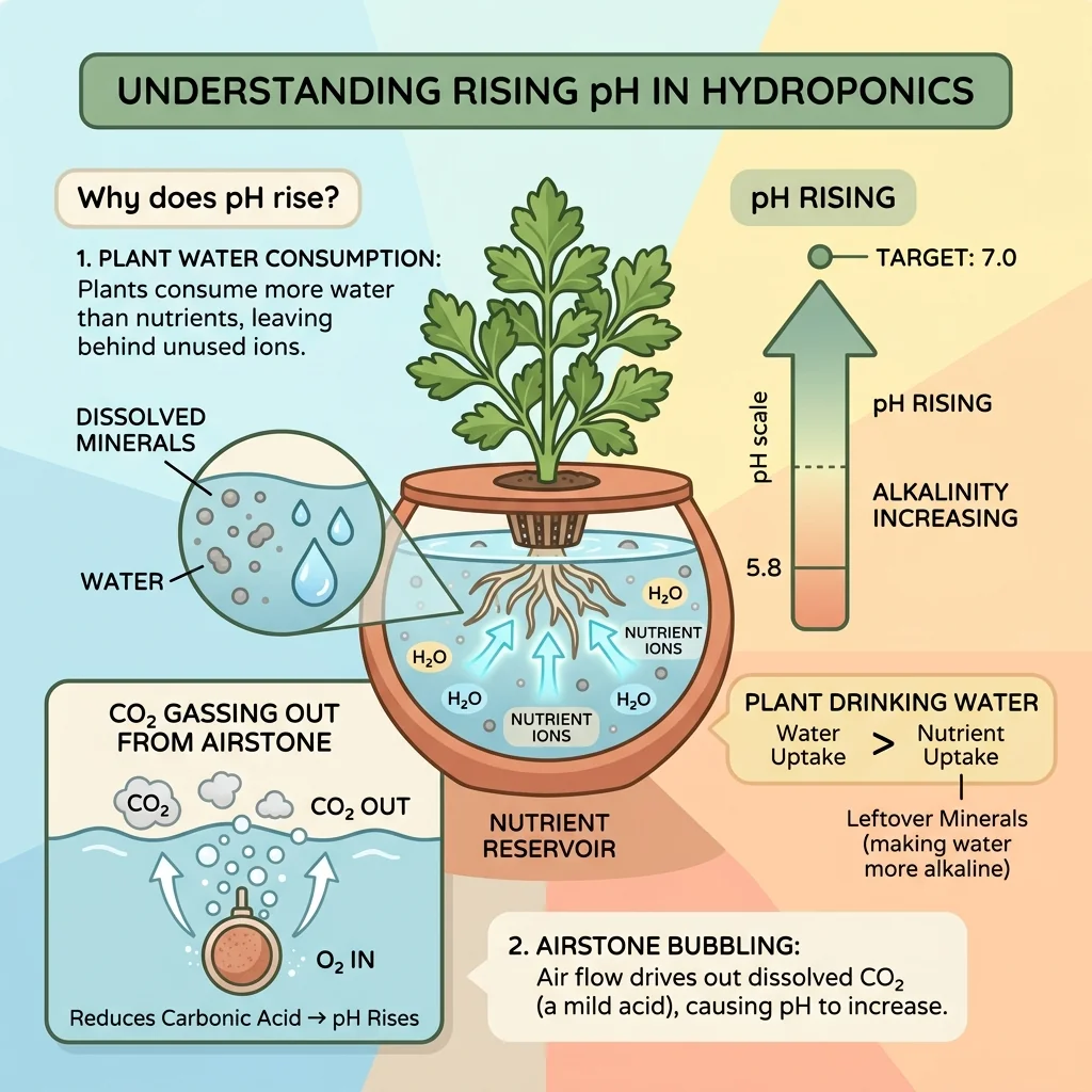 Clean UI illustration showing a hydroponic plant drinking water and leaving minerals behind, causing an upward arrow next to the pH meter.