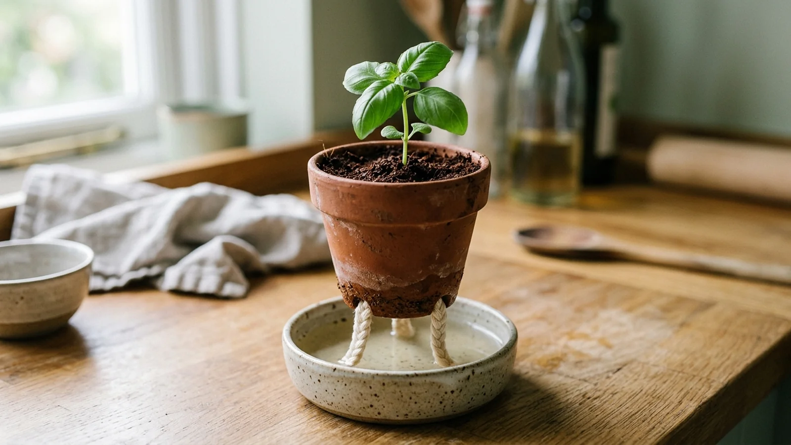 Clean UI illustration of a wick hydroponic system showing a wicking cord running from a lower reservoir up into a pot of growing medium