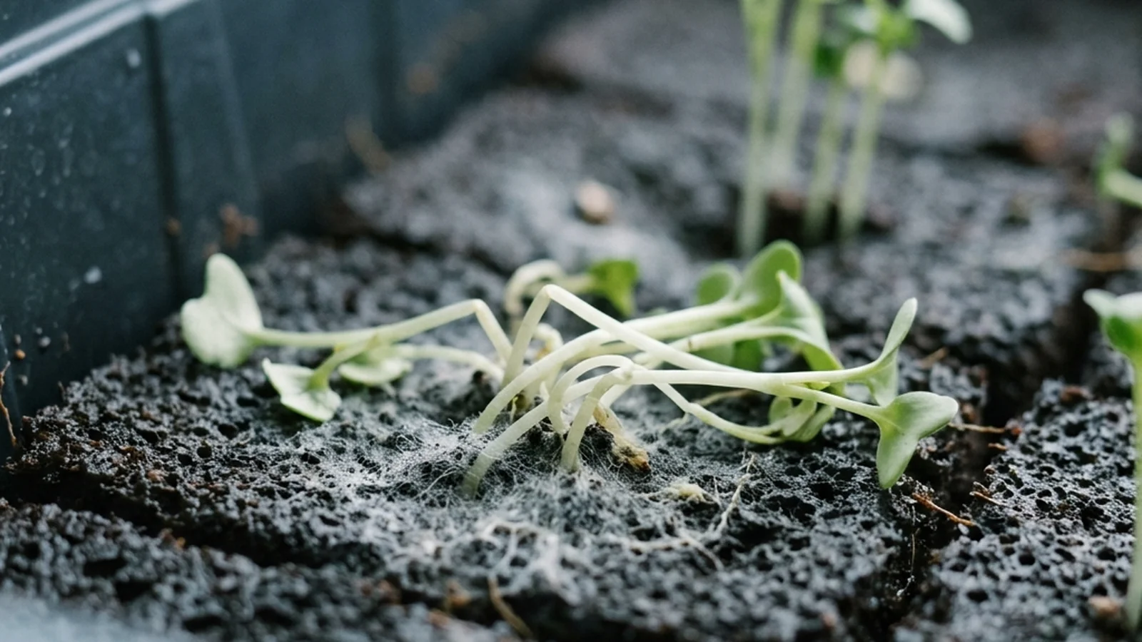 Comparison of a healthy microgreen seedling and one collapsed by damping-off at the stem base
