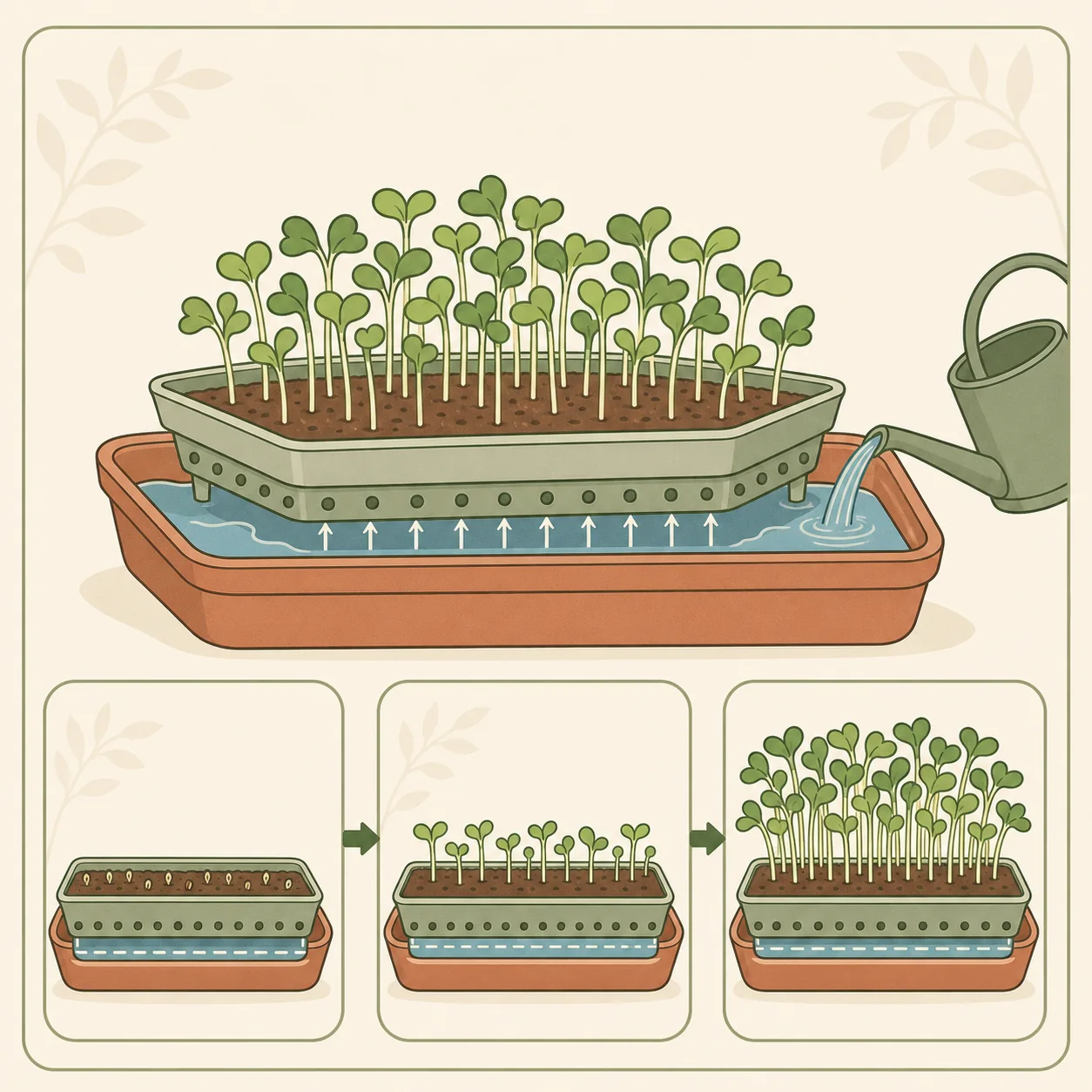Bottom-watering a perforated microgreens tray