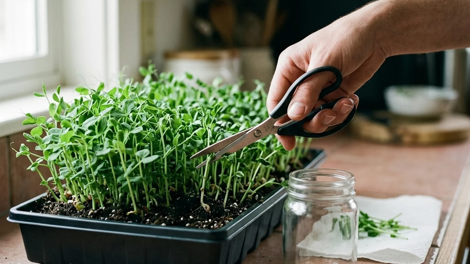 Scissors cutting microgreen stems just above the growing medium next to a container of harvested greens