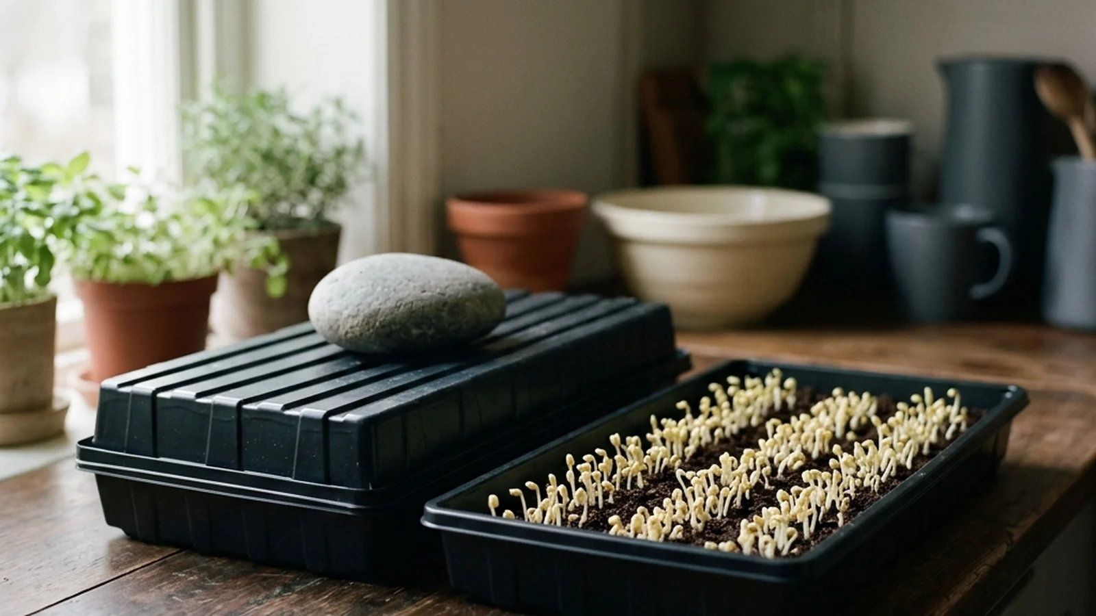 A weighted solid tray covering a freshly seeded microgreens tray during the blackout stage