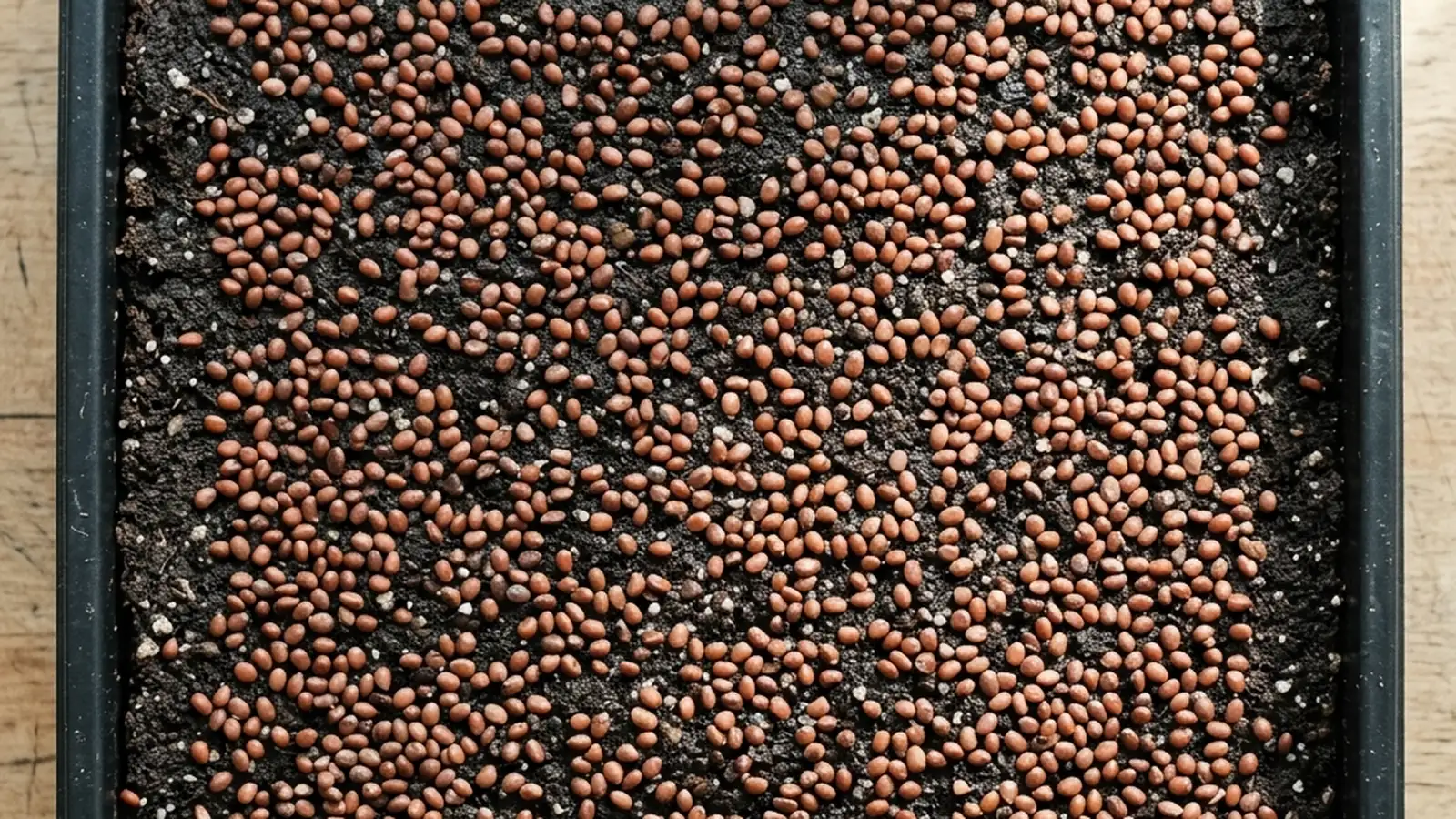 Radish seed spread evenly across a shallow tray of moist growing medium