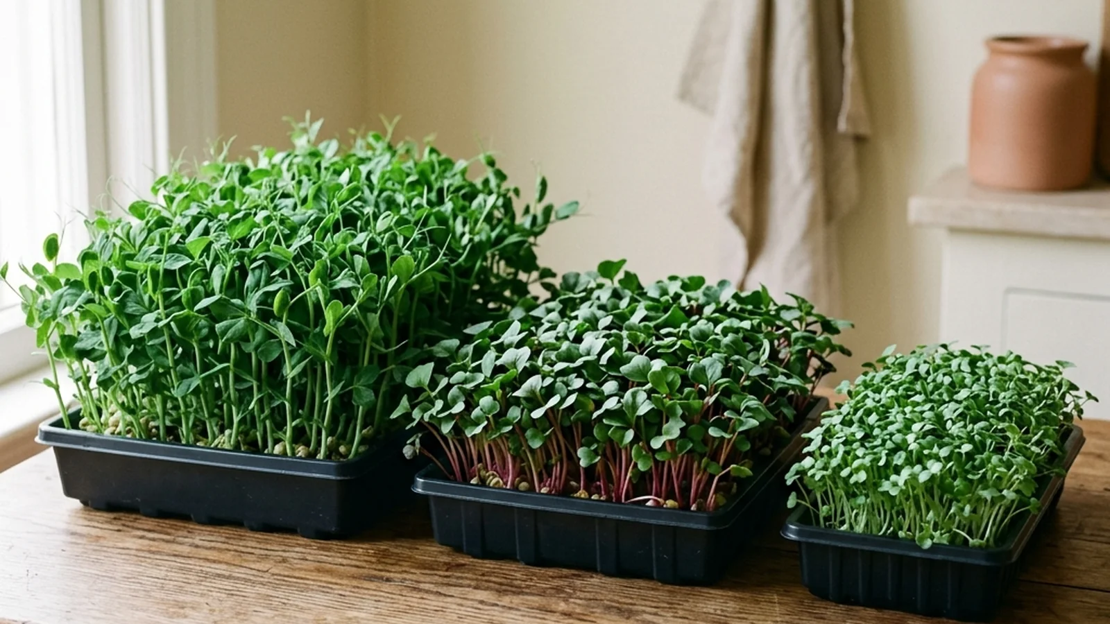 A harvested tray of microgreens next to a kitchen scale showing the cut weight