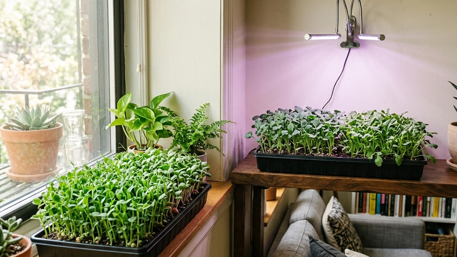 A microgreens tray on a bright windowsill next to a second tray under a small grow light, comparing the two light sources